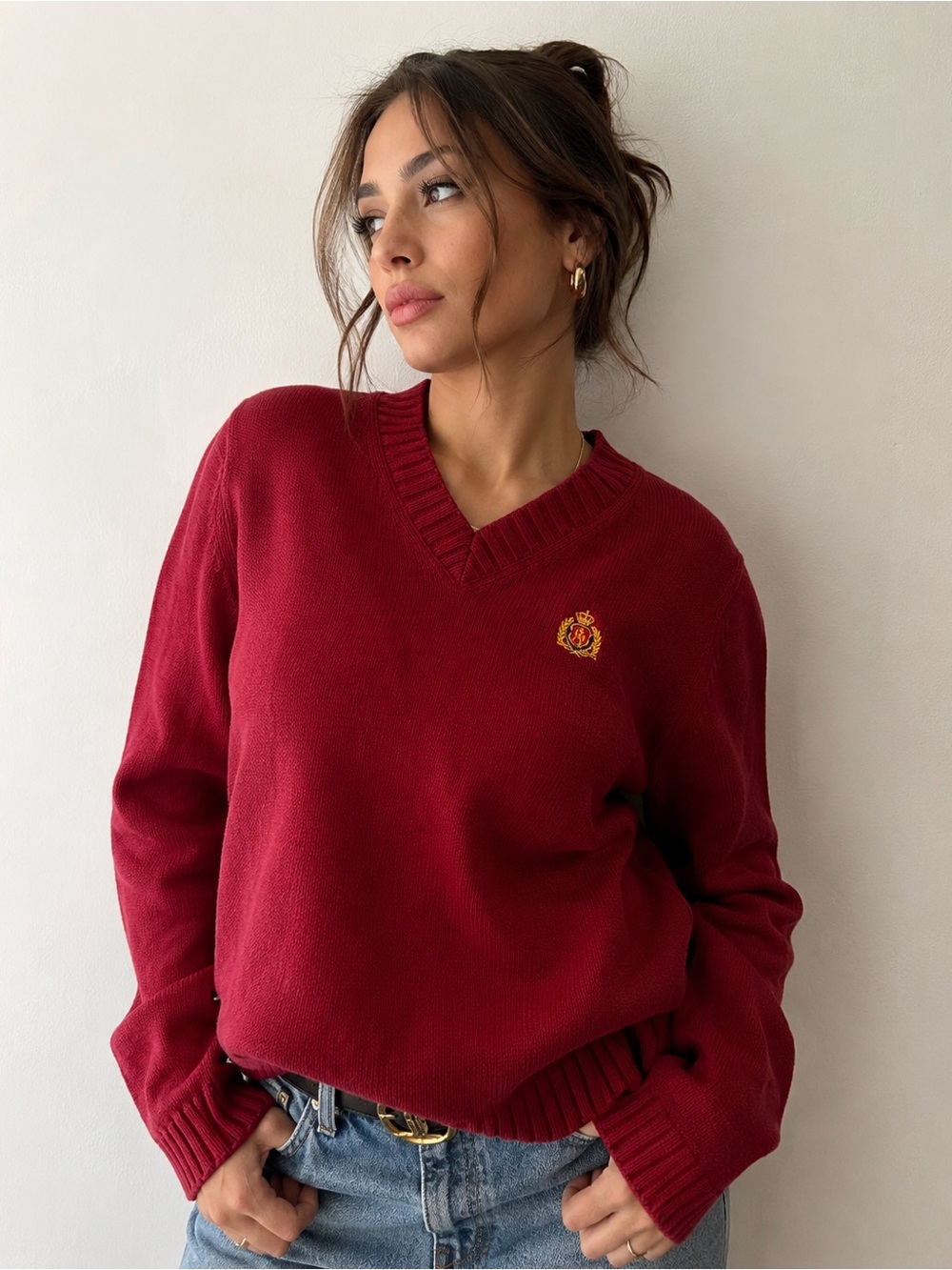 Ralph Lauren Burgundy V-Neck Knit Sweater with Crest